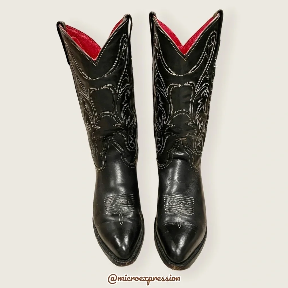 VINTAGE 1990 Frye Black Red Contrast Leather Embroidery Stitch Tall Cowboy Boot
